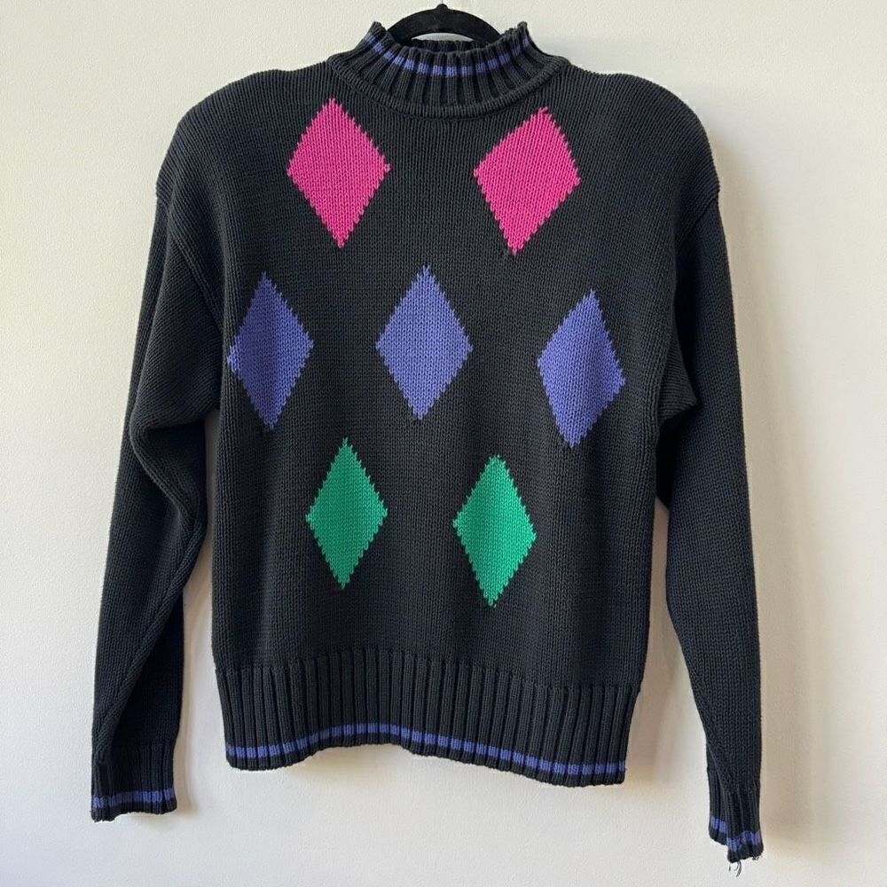 Li2sport Women's Cable Knit Multicolor Argyle Pattern Blue Black Rib Sweater L